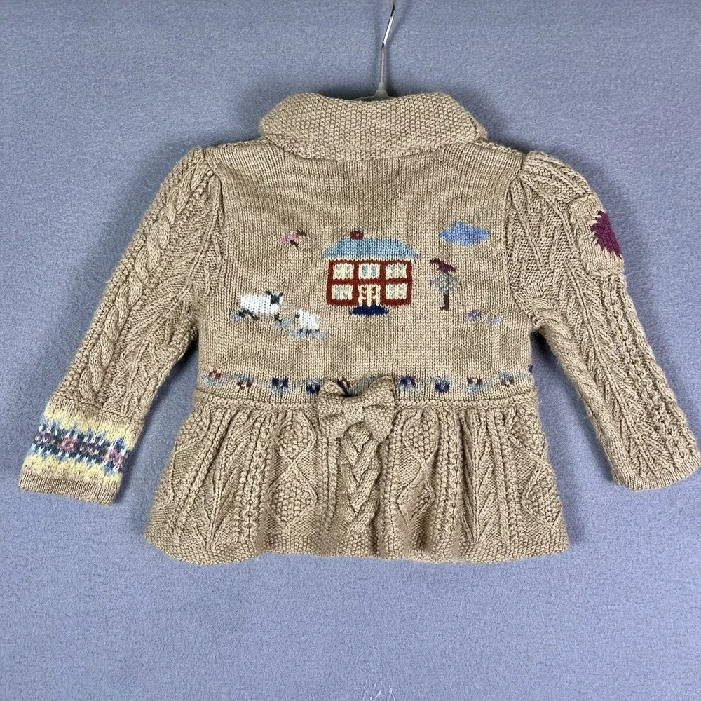 Ralph Lauren Cardigan Sweater Baby 9M Tan American Flag School Cable Knit Bow